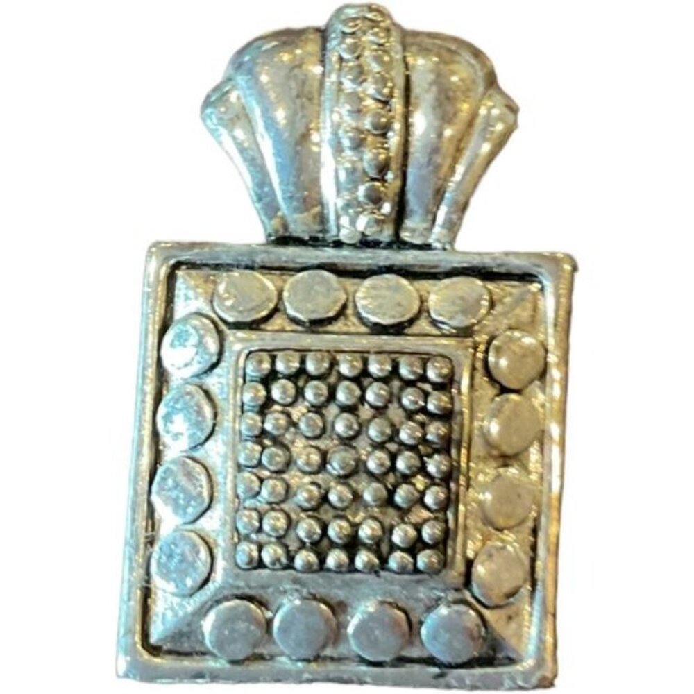 Vintage Silver-Toned Square Pendant With Textured Detailing & Ornate Crown Top